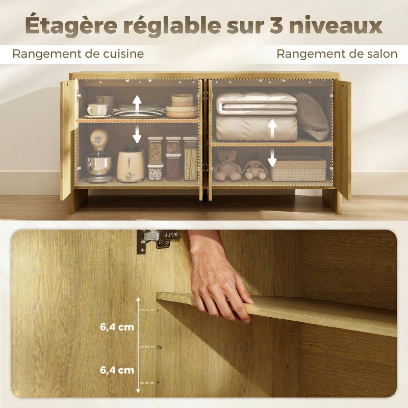 HOMCOM Buffet salon, meuble de rangement avec 4 portes rainurées, étagère réglable, ouverture par pression, 147x40x77cm, chêne