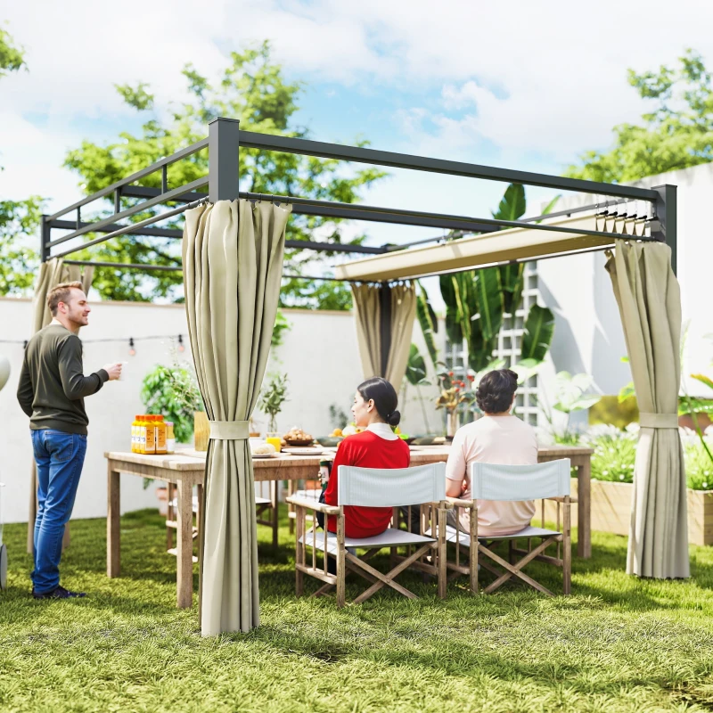 Outsunny Pérgola de Jardín 3x3 m con Techo Retráctil y Cortinas Protección UV30+ Estructura Metálica para Patio Terraza Beige