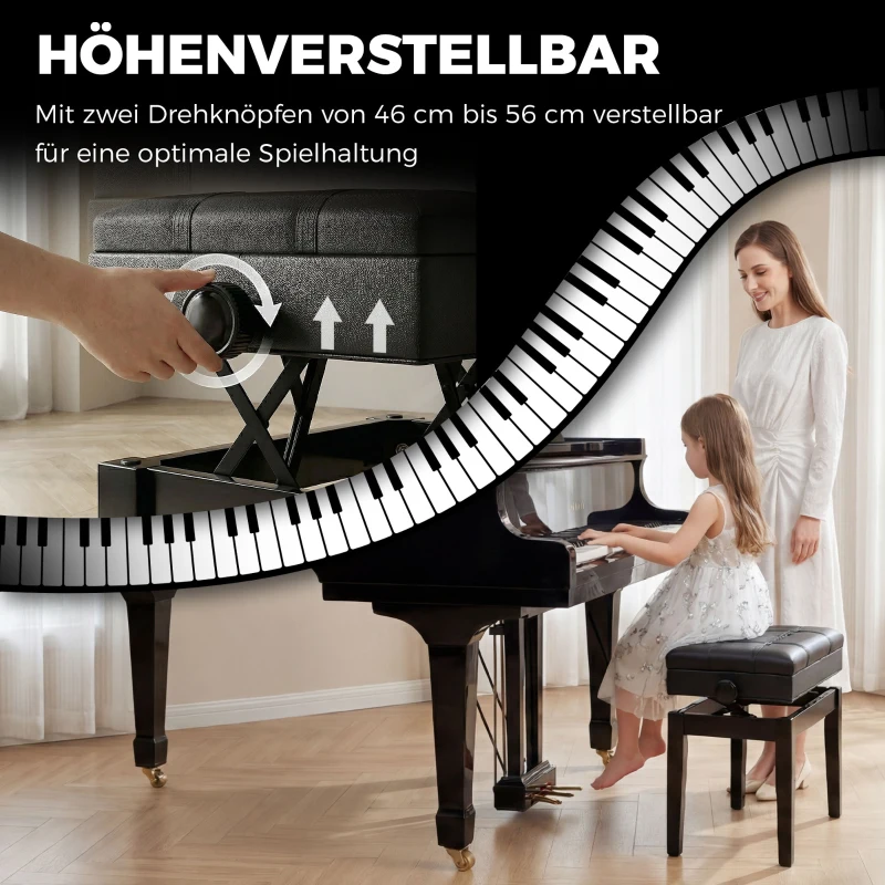 HOMCOM Klavierbank mit versteckten Stauraum, Sitzhocker, höhenverstellbar, Kunstleder, Schwarz