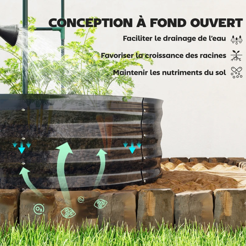 Outsunny Jardinière avec treillis arqué, bac à fleurs en métal avec fond ouvert, gants inclus, 160x90x180cm, gris foncé