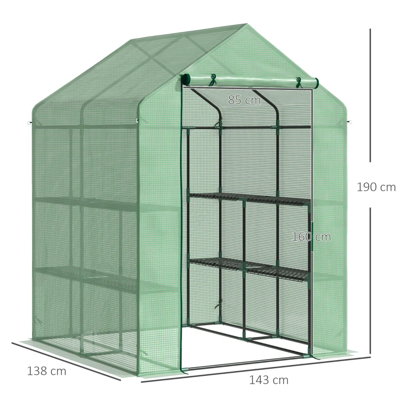 Outsunny Serre de Jardin avec Étagères 3 Niveaux, Petite Serre de Balcon en Bâche PE 140 g/㎡ Renforcée 143 x 138 x 190 cm, Vert