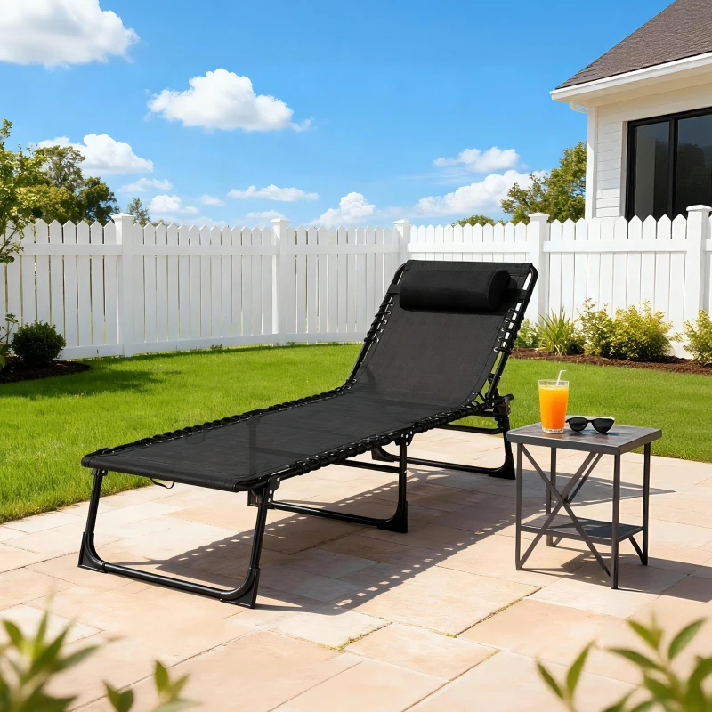 Outsunny Bain de Soleil transat Pliable Dossier inclinable Multi-Positions 189 x 58 x 30cm Acier Lacets élastiques textilène noir