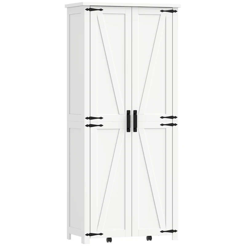 HOMCOM Buffet haut cuisine, armoire cuisine, 2 portes avec roulette, 6 compartiments, 14 porte-racks, étagères réglables, blanc