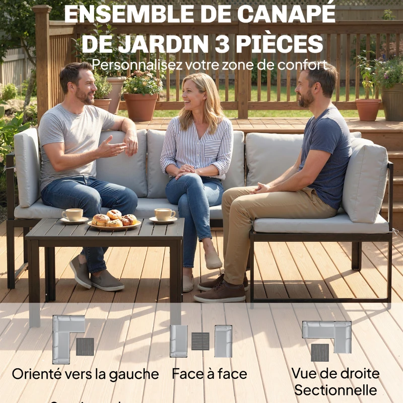 Outsunny Salon de Jardin Mobilier de Terrasse 3 Pièces 4 Places Modulable avec Accoudoir Réglable Coussins Épais 16cm Gris