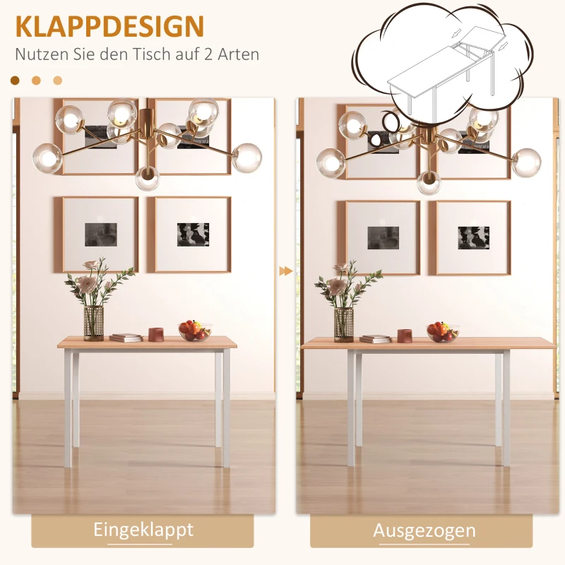 HOMCOM Eettafel voor 6 personen, Keukentafel, Uitschuifbaar, Inklapbaar, Bruin + Wit(m-5)