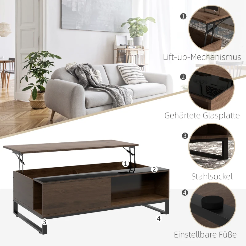 HOMCOM bijzettafel met liftfunctie, verborgen opbergvak, walsnushoutlook, stalen frame, 102 x 58 x 35,5 cm(m-6)