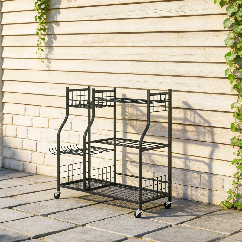 Outsunny Organisateur d'Outils de Jardin en Acier à 3 Niveaux, 32 Emplacements, 4 Roues, 11 Crochets, 104x40x95cm, Noir
