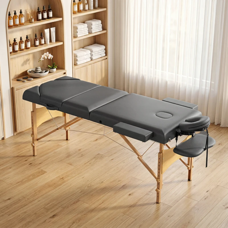HOMCOM Table de massage pliante, lit de massage 3 zones portable 185 x 60 cm, hauteur et dossier réglables, appui-tête, gris