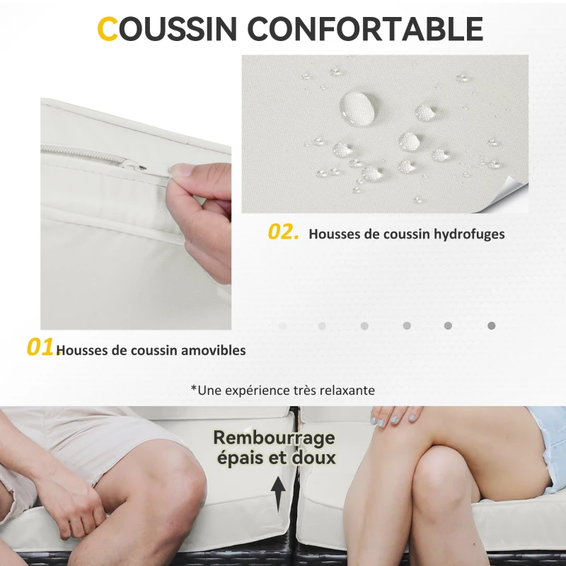 Outsunny Ensemble salon de jardin 7 pièces modulables, coussins déhoussables inclus, table basse avec plateau verre trempé, en résine tressée, brun foncé