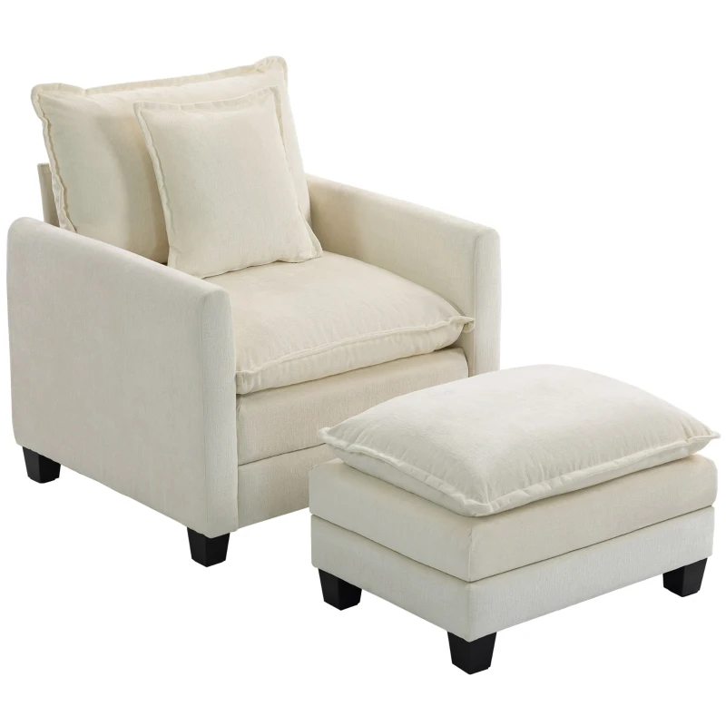 HOMCOM Fauteuil salon avec repose-pied, canapé 1 place en chenille, assise large, rembourrage double couche, 85x128x86cm, crème