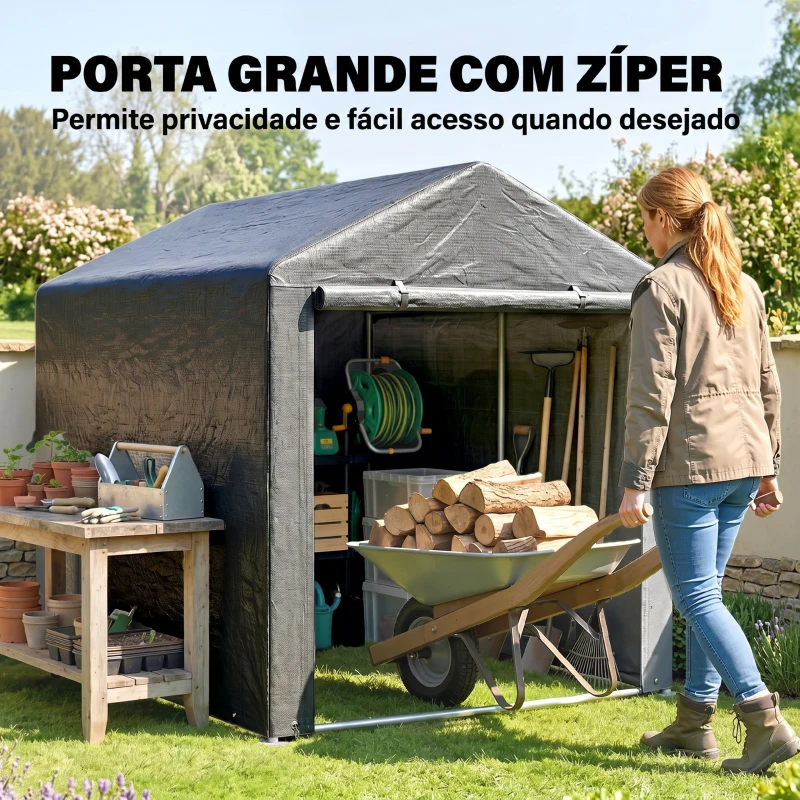 Outsunny Abrigo para Ferramentas Bicicletas e Motos 1,6x2,2x1,7 cm Garagem Portátil com 2 Habitações Cinza Escuro