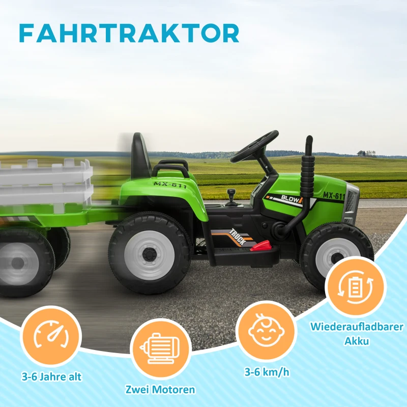 HOMCOM Elektrische kinderauto, kindertractor, inclusief ouderlijke afstandsbediening, maximale snelheid van 6 km/u, groen + zwart(m-8)