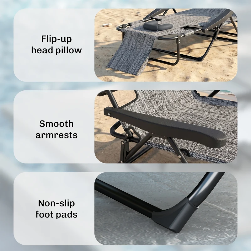 Outsunny Chaise longue de jardin pliante dossier réglable sur 4 niveaux, trou de lecture et appui-tête 72L x 194l x 31H cm Gris
