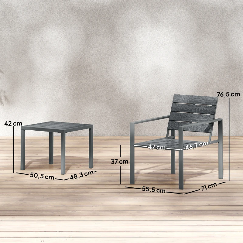 Outsunny Set da Giardino 3pz con 2 Sedie da Esterno e Tavolino da Caffè, in HDPE e Metallo, Grigio Scuro