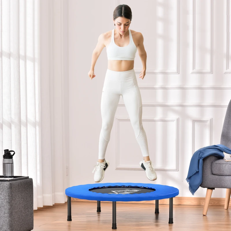 HOMCOM Cama Elástica Fitness Ø81 cm Trampolín de Acero con Borde Protector y 28 Resortes para Ejercicios en Interior y Exterior Carga 100 kg 81x81x22,5 cm Negro y Azul