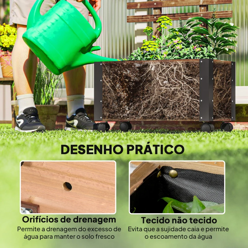 Outsunny Floreira Exterior de Madeira Floreira com Treliça para Plantas Trepadeiras Tecido não Tecido Rodas 65x31x147 cm Madeira