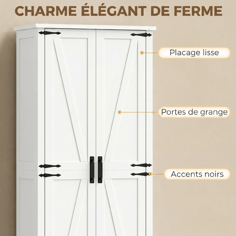HOMCOM Buffet haut cuisine, armoire cuisine, 2 portes avec roulette, 6 compartiments, 14 porte-racks, étagères réglables, blanc
