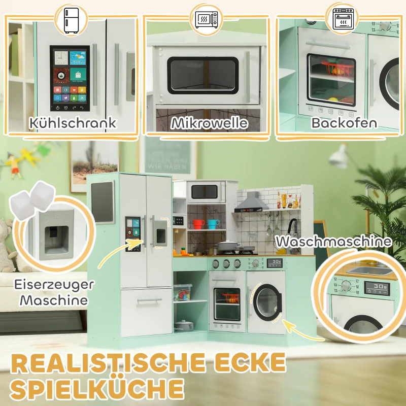 AIYAPLAY Houten Kinderkeuken met krijtbord, afzuigkap, ijsblokjesmachine, licht- en geluidseffecten – Speelkeuken cadeau voor jongens en meisjes vanaf 3 jaar, wit en groen(m-6)
