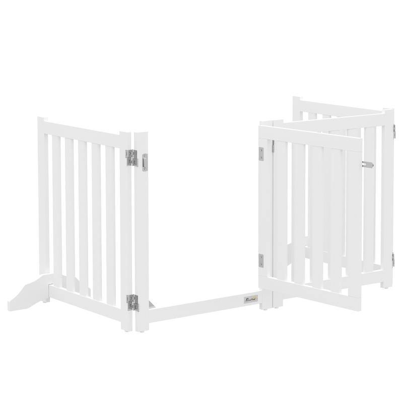 PawHut Barrera de Seguridad para Perros Plegable de Madera con 4 Paneles Puerta y Pies de Soporte 205x60 cm Blanco