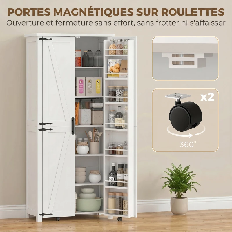 HOMCOM Buffet haut cuisine, armoire cuisine, 2 portes avec roulette, 6 compartiments, 14 porte-racks, étagères réglables, blanc