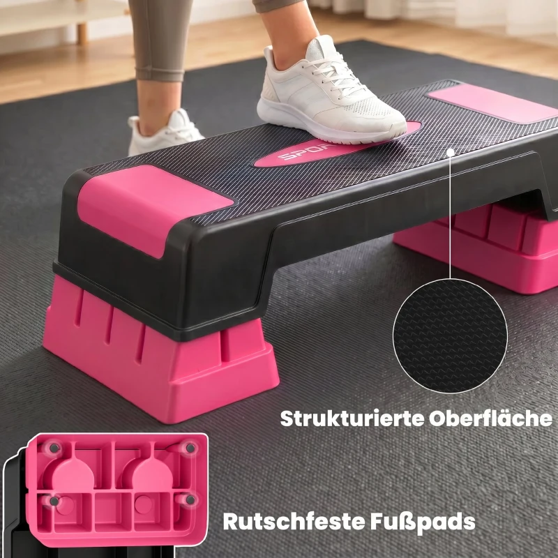 SPORTNOW Steppbrett höhenverstellbar Fitness Aerobic Stepper mit 3 Stufen (12/17,5/22,5 cm), Anti-Rutsch-Matte Schwarz+Rosa