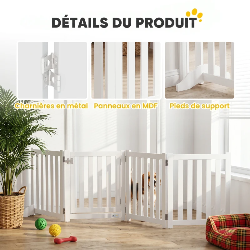 PawHut Barrière de Sécurité Chien Pliable Double Face en Bois, 4 Panneaux avec Porte, Pieds de Support, 205 x 60 cm, Blanc