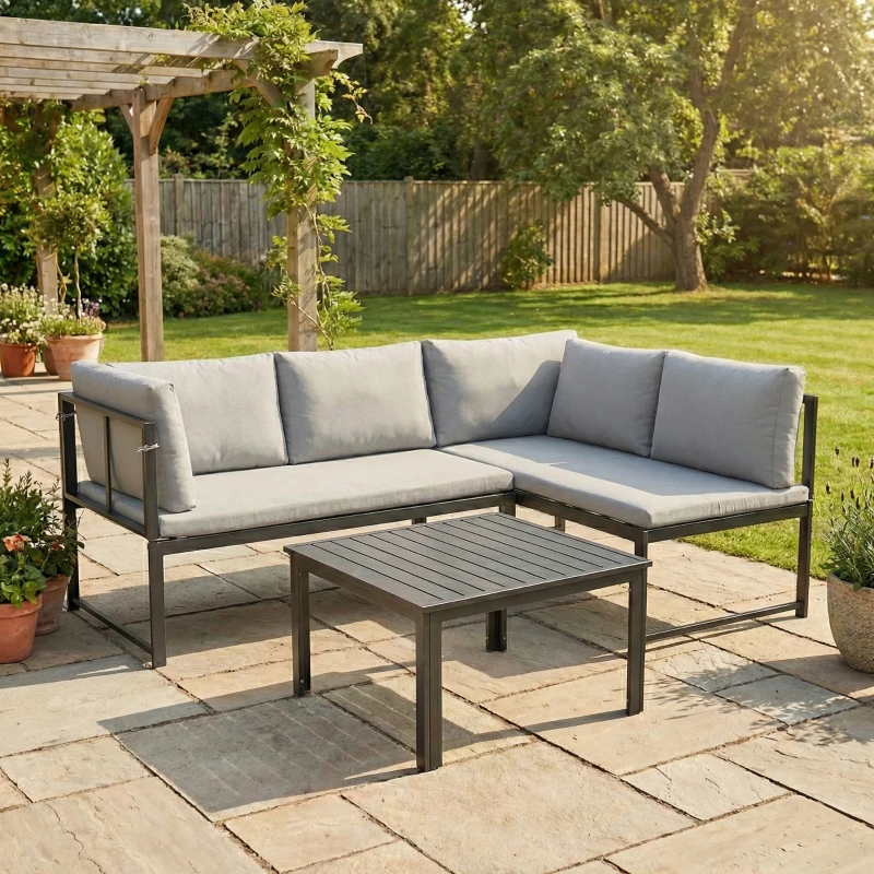 Outsunny Salon de Jardin Mobilier de Terrasse 3 Pièces 4 Places Modulable avec Accoudoir Réglable Coussins Épais 16cm Gris