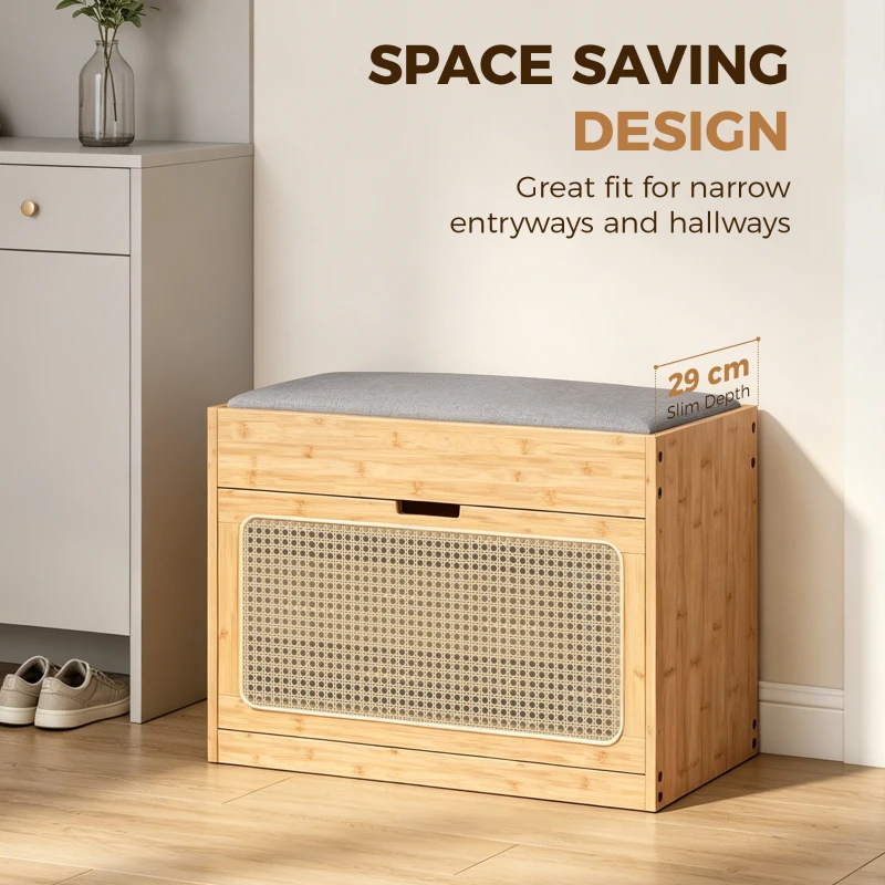HOMCOM Banc chaussures entrée, banc de rangement en bambou, assise rembourrée, porte en rotin et étagère réglable, bois naturel