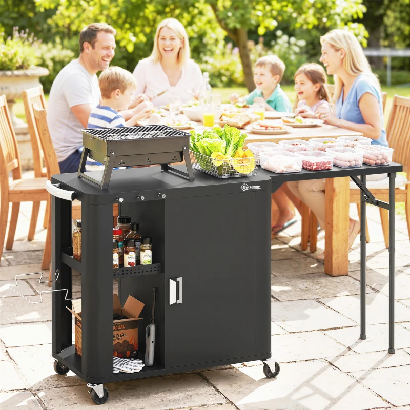 Outsunny Desserte jardin chariot de barbecue sur roulettes avec table latérale pliable placard étagères 166 x 54 x 88 cm noir