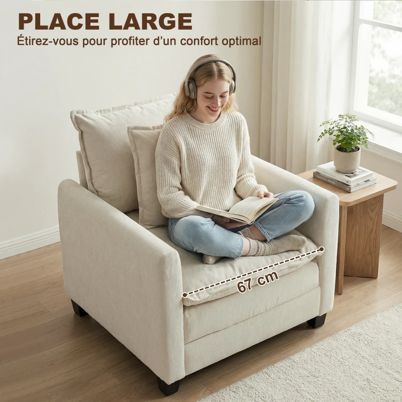 HOMCOM Fauteuil salon avec repose-pied, canapé 1 place en chenille, assise large, rembourrage double couche, 85x128x86cm, crème