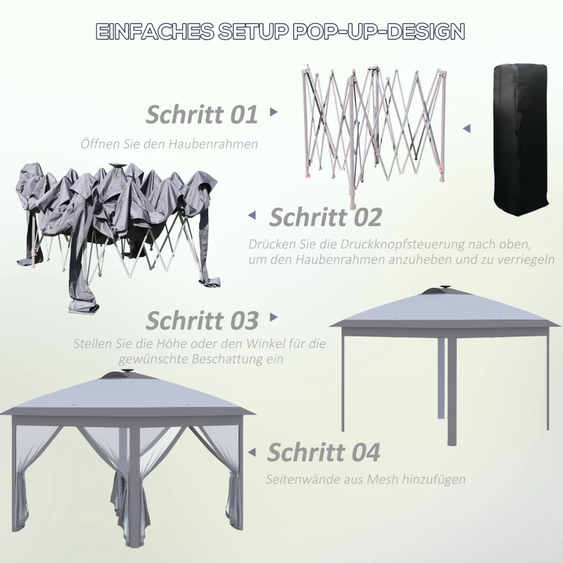 Outsunny 3,3 x 3,3 m Faltpavillon mit LED-Beleuchtung, Meshvorhänge, Tragetasche, Grau