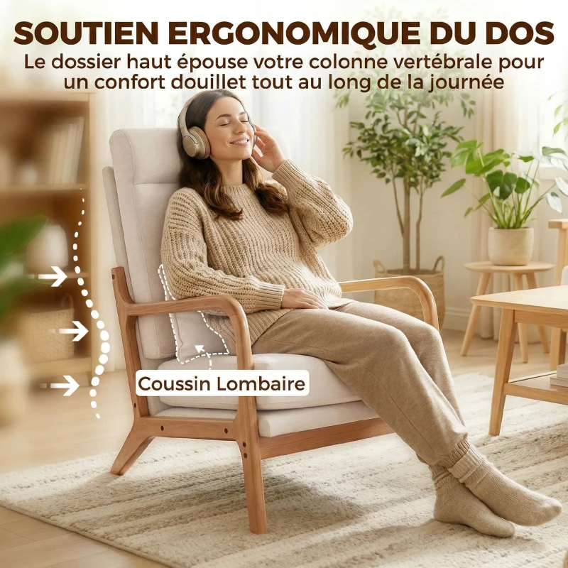 HOMCOM Fauteuil salon, fauteuil d'appoint rembourré en lin avec large assise, support lombaire, haut dossier, 64x86x93cm, crème