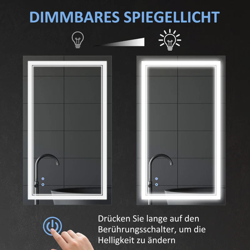 kleankin Badkamerspiegel met LED-verlichting, geheugenfunctie, aanraakschakelaar, spatwaterdicht, zilver