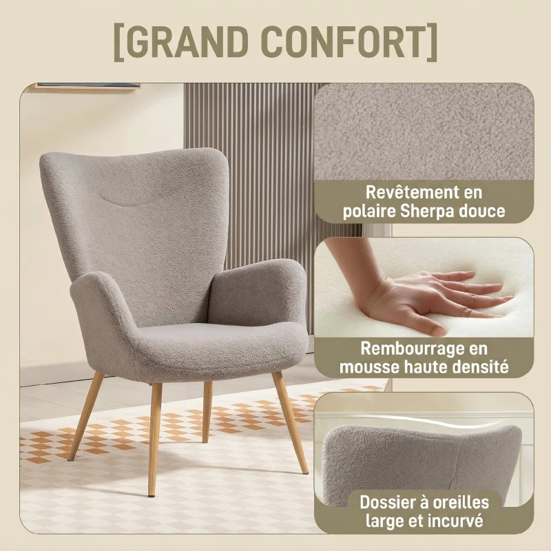 HOMCOM Fauteuil salon, fauteuil d'appoint rembourré en tissu bouclette avec haut dossier et accoudoirs, 71x74x97,5cm, gris