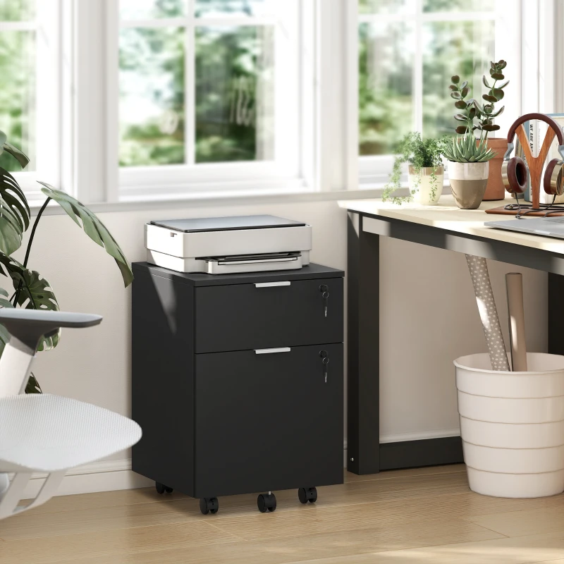 HOMCOM Schedario da Ufficio con 2 Cassetti, Serratura, Ruote a Freno, per Formato A4/Legale, 42x40x60 cm, Nero