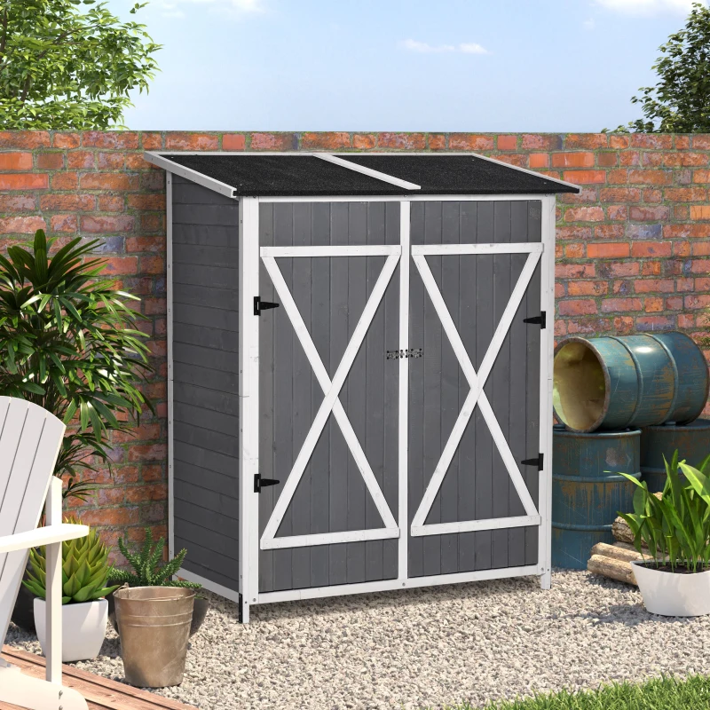 Outsunny Gartenschrank Geräteschuppen mit 2 Tür Geräteschrank mit Asphaltdach Gartenlagerschrank Antidumping Design mit Bodennägel Tannenholz Grau+Weiß 139 x 75 x 160 cm
