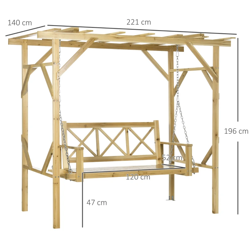 Outsunny schommelbank met pergola, 2-zits tuinschommel, massief hout, naturel