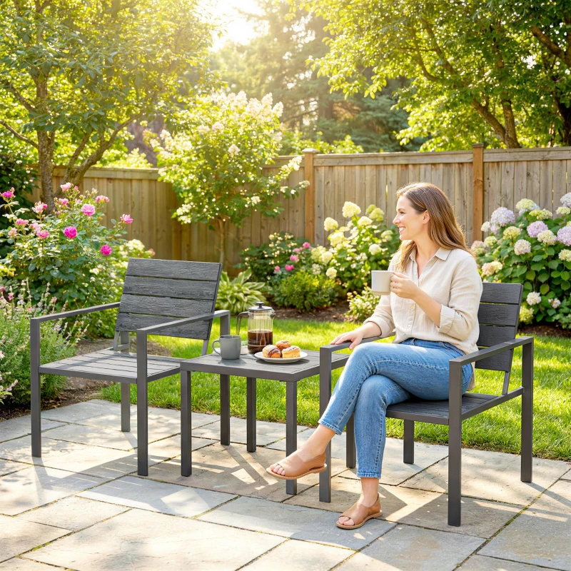 Outsunny Set da Giardino 3pz con 2 Sedie da Esterno e Tavolino da Caffè, in HDPE e Metallo, Grigio Scuro