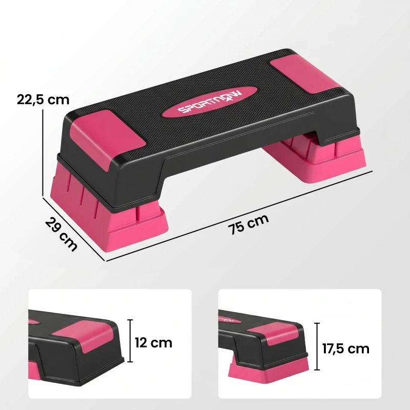SPORTNOW Steppbrett höhenverstellbar Fitness Aerobic Stepper mit 3 Stufen (12/17,5/22,5 cm), Anti-Rutsch-Matte Schwarz+Rosa