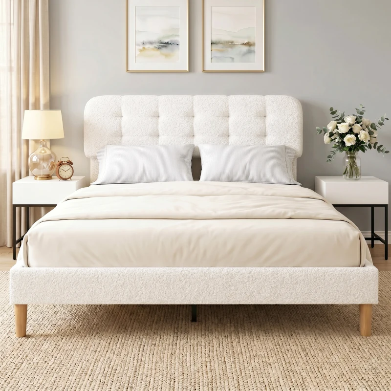 HOMCOM Cadre de lit 160x200cm avec sommier, tête de lit réglable, lit double rembourré en velours teddy, lattes en bois, blanc