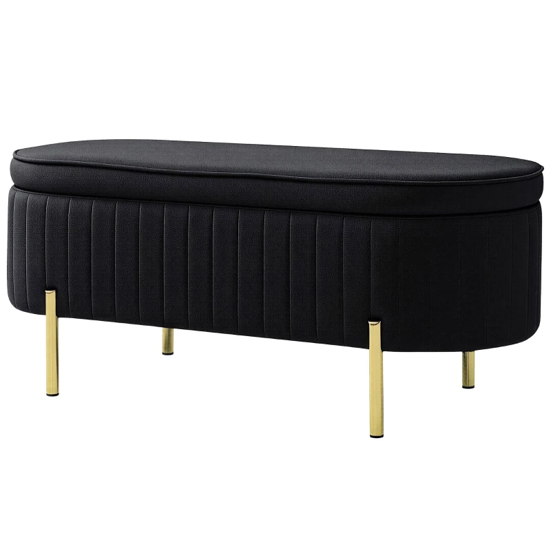 HOMCOM Banc Coffre d'Entrée Ovale 72L avec Couvercle Relevable, Assise Rembourrée, en Velours, Noir