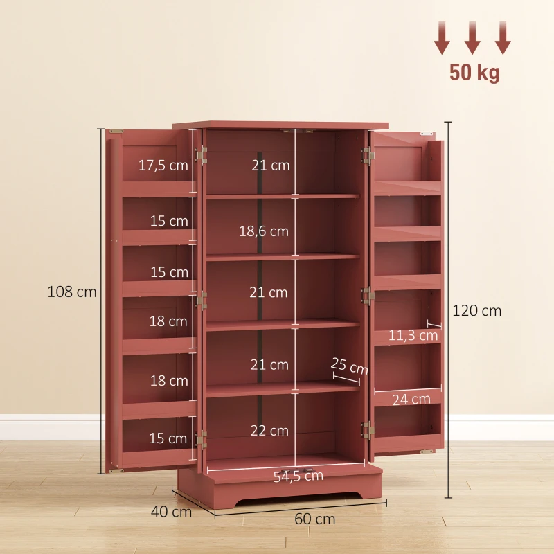 HOMCOM Buffet cuisine armoire de cuisine 5 niveaux avec portes et étagères réglables 60l x 40P x 120H cm grain de bois rouge