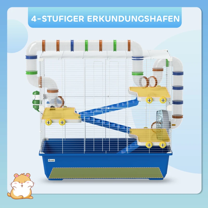 PawHut Hamsterkäfig mit 4 Ebenen, Kleintierkäfig mit Tunnelsystem, Hütte, Laufrad, für Zwerghamster, 78 x 45 x 73 cm, Blau