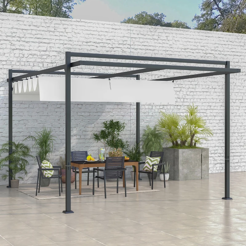 Outsunny Pérgola 3x4 Pérgola de Jardim com Teto Retrátil de Poliéster e 12 Orifícios de Drenagem Branco