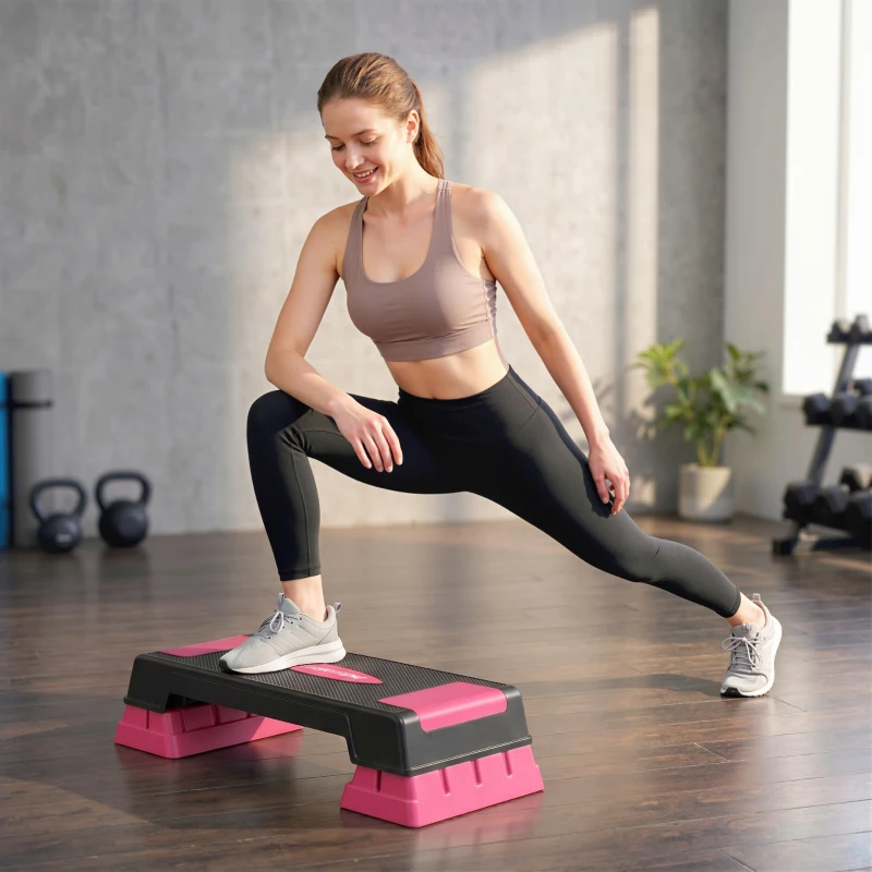 SPORTNOW Steppbrett höhenverstellbar Fitness Aerobic Stepper mit 3 Stufen (12/17,5/22,5 cm), Anti-Rutsch-Matte Schwarz+Rosa