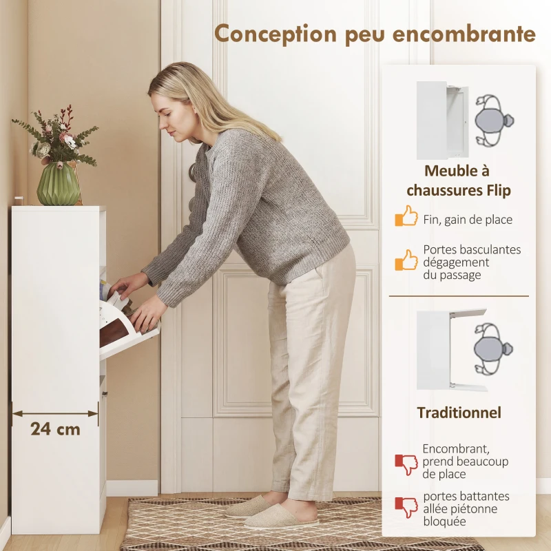 HOMCOM Meuble à chaussures 8 paires, armoire à chaussures, 2 tiroirs rabattables, étagères réglables et compartiment, blanc