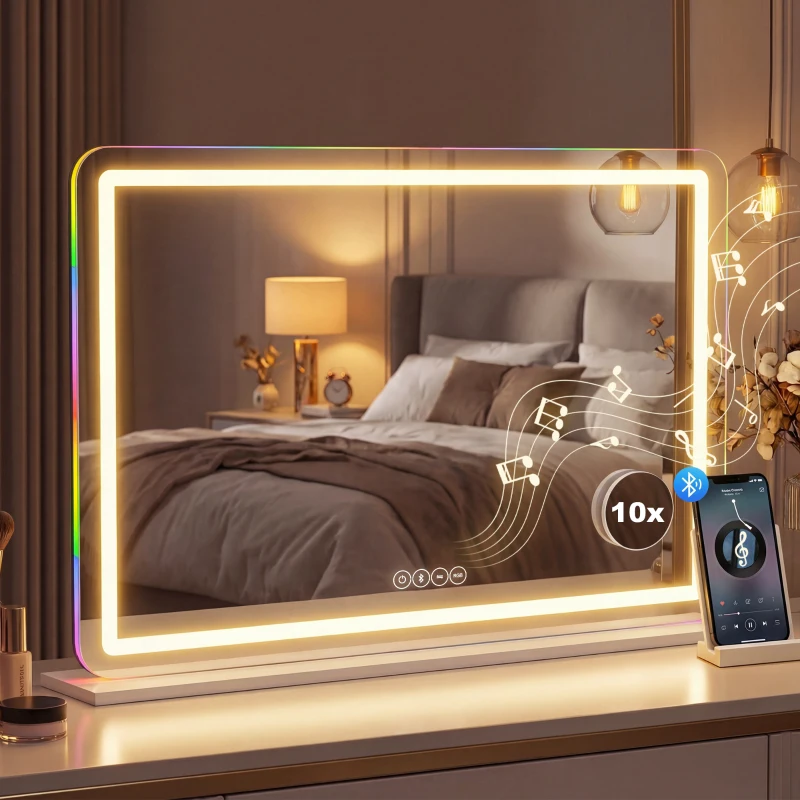 HOMCOM Miroir maquillage lumineux 80x60cm, miroir coiffeuse LED dimmable, lumière RGB, 3 températures de couleur, blanc