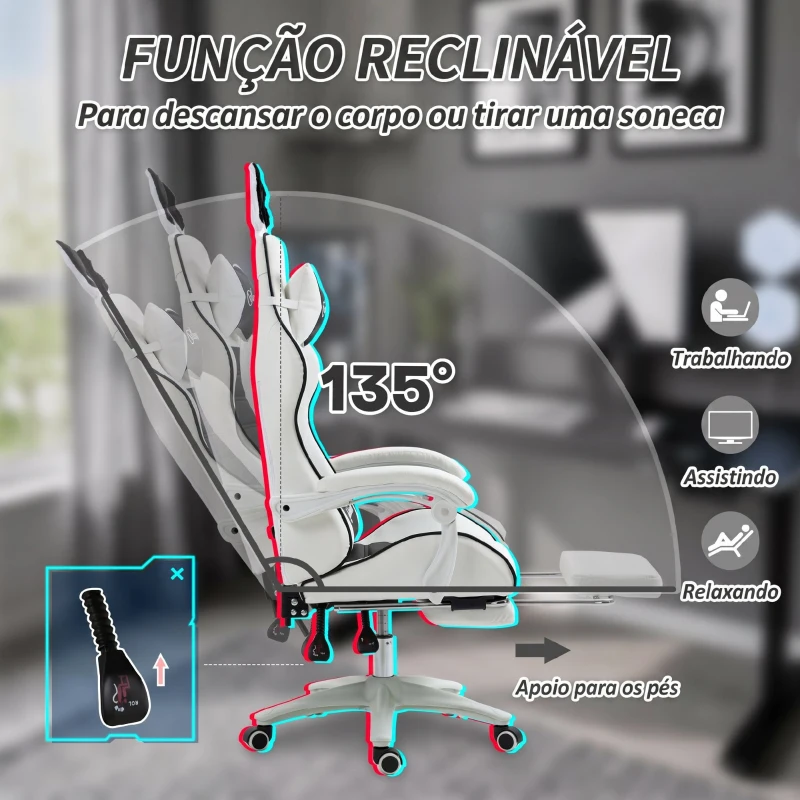 Vinsetto Cadeira Gaming Giratória de Couro PU com Altura Ajustável Inclinável 135° Apoio para a Cabeça 65x63x136-142 cm Branco e Preto
