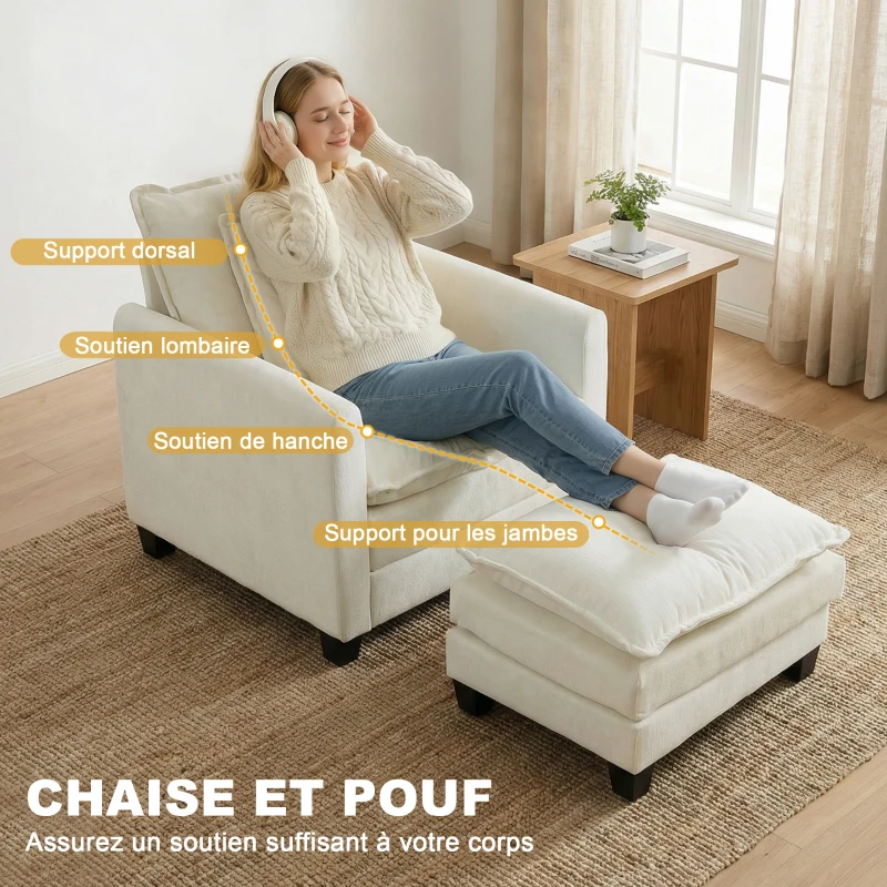 HOMCOM Fauteuil salon avec repose-pied, canapé 1 place en chenille, assise large, rembourrage double couche, 85x128x86cm, crème