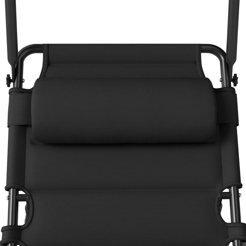 Outsunny Bain de soleil chaise longue pliante avec pare-soleil, appuie-tête inclinable en tissu Oxford 70 x 200 x 45 cm, noir